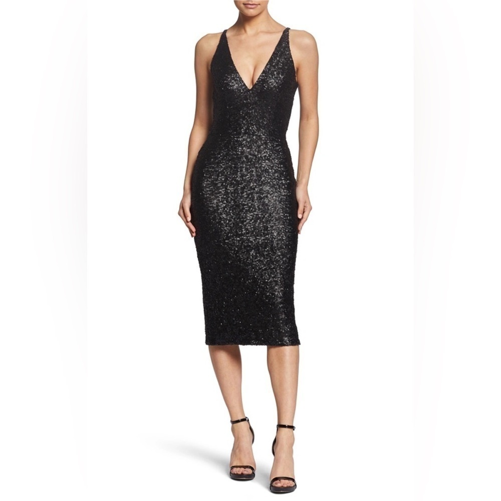 Dress The Population black Camilla Plunging Sequin slit midi fitted Dress